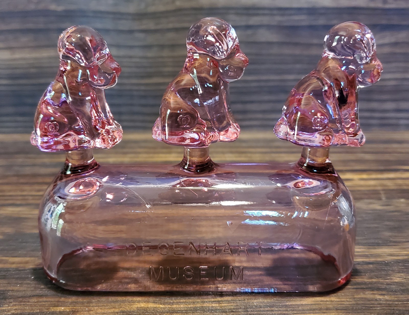 Degenhart Museum Pink Glass Mini Pooch Dogs on Font Very Rare