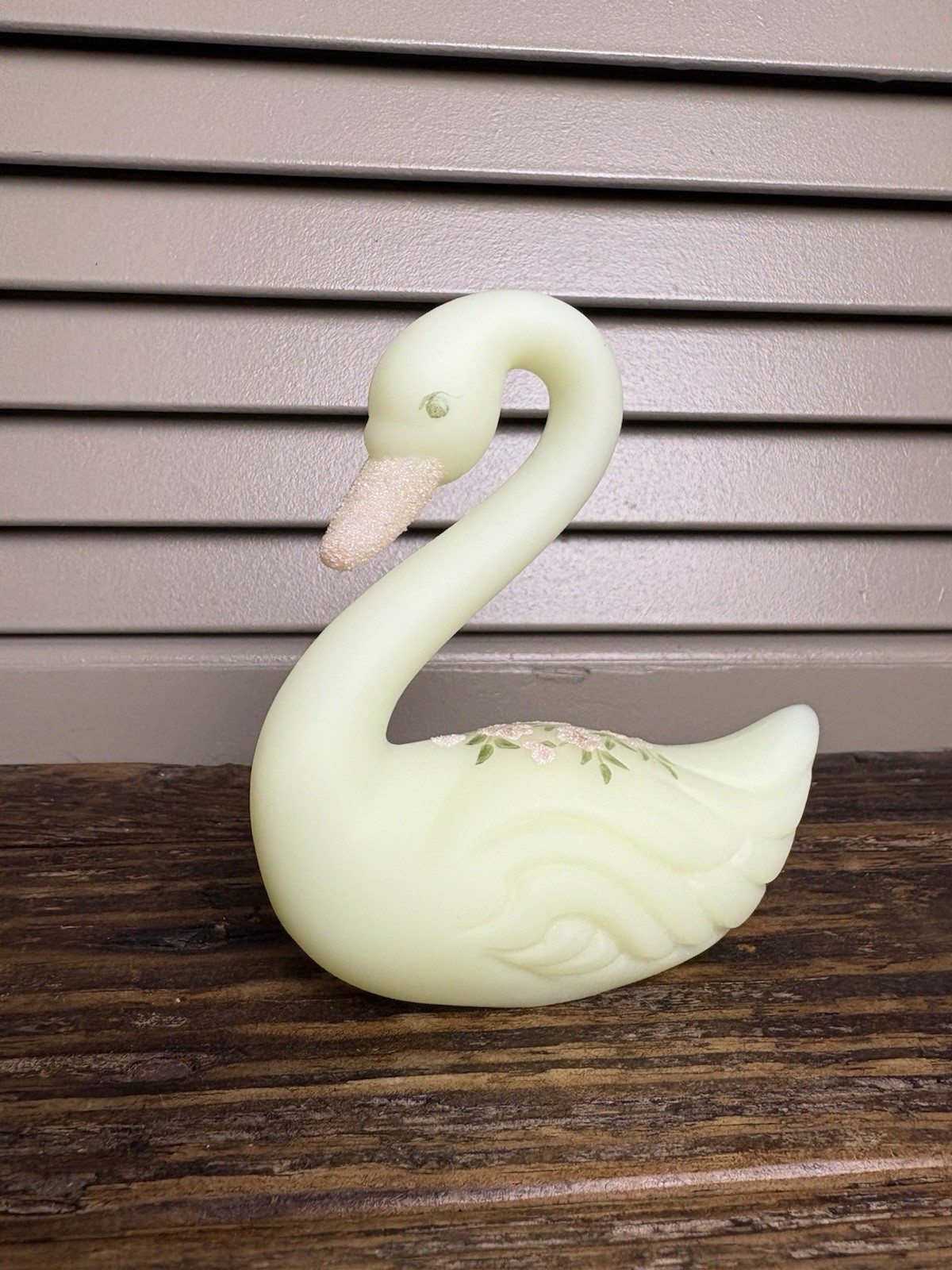 Vintage FENTON Custard Uranium Glass Swan Hand Painted & Signed