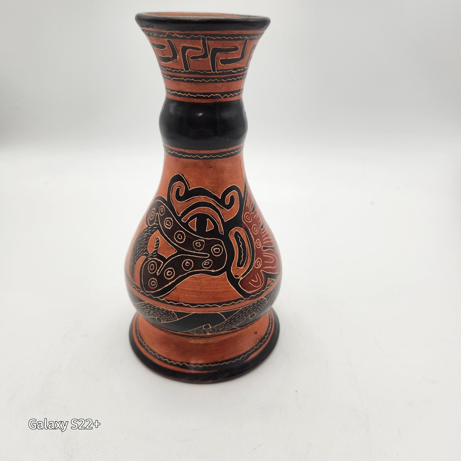 Clay Pottery Vase Dragon Orange Black Round Decorative Handpainted Handmade 8″