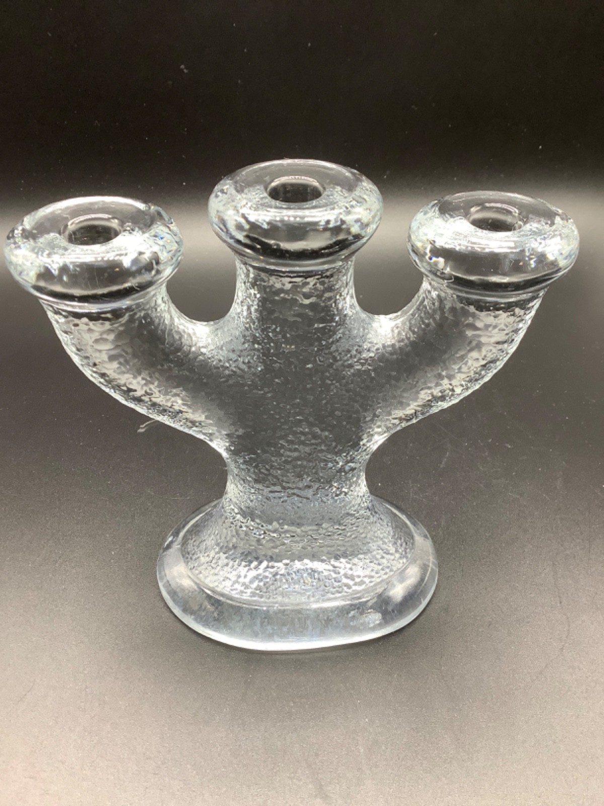 Nybro Crystal 3-Arm Candelabra, Textured Glass, Sweden, Paul Isling, 5.25”