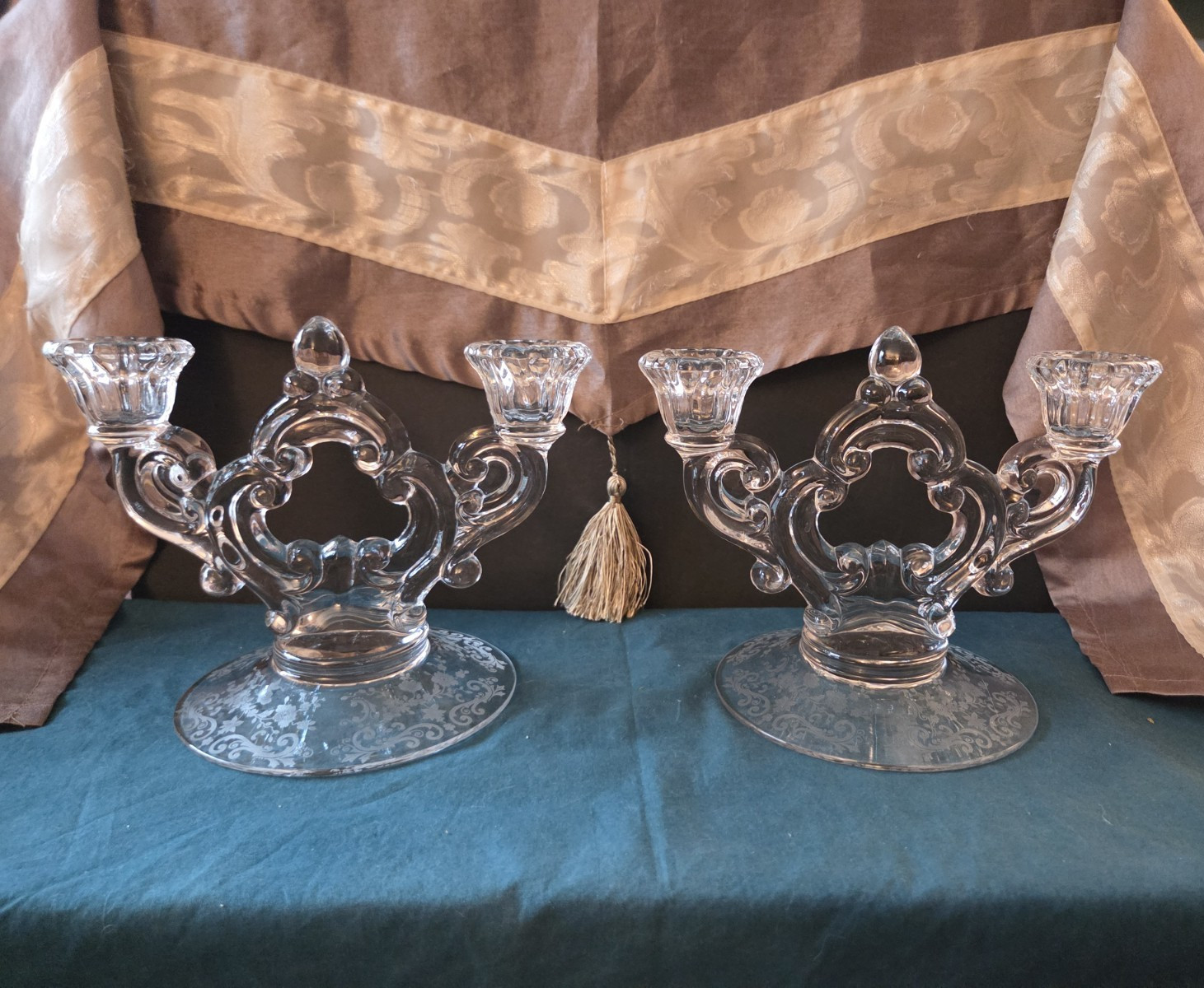 Vintage Cambridge Glass Rose Point Pristine Pair Keyhole 2-Light Candelabras 340