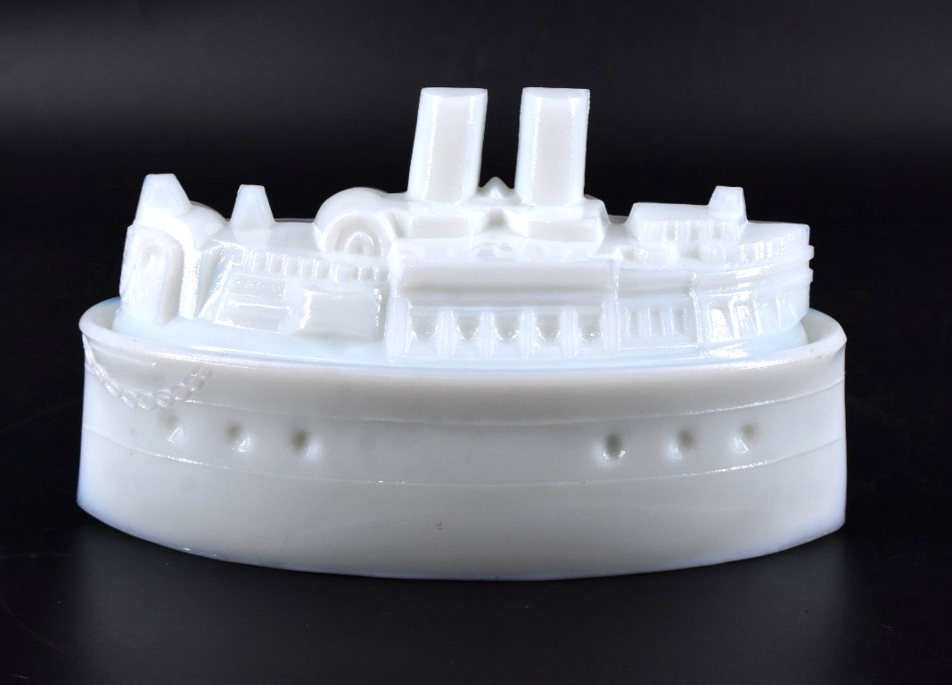 VTG Milk Glass FLACCUS BATTLESHIP Covered Dish Antique Americana USA c1900