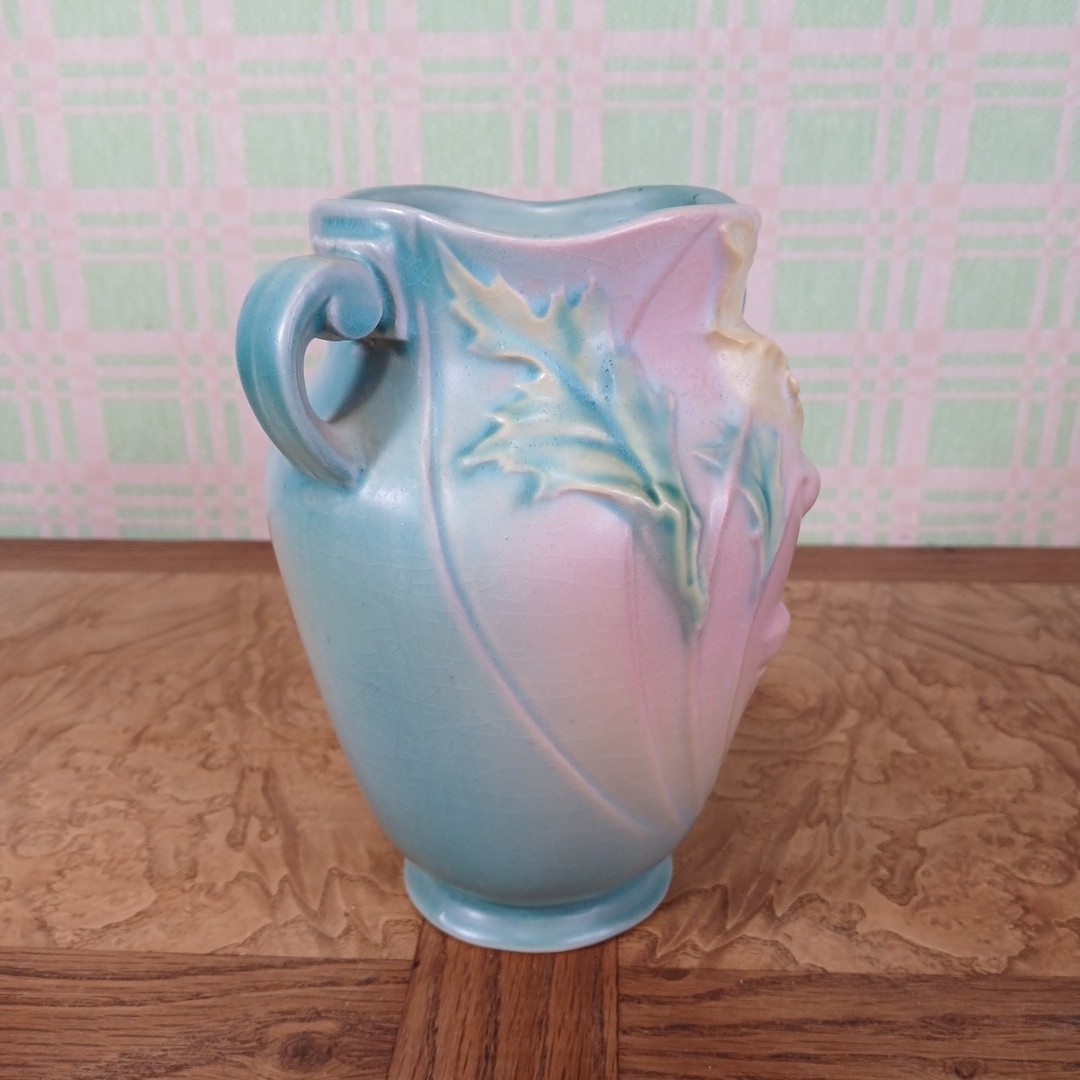 VTG 1940s Roseville Pottery Poppy Vase 868-7 Pink Blue Colorway Deco Craftsman