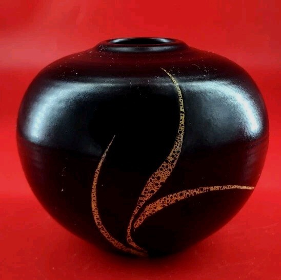 MCM Schoonhoven Art Pottery Small Black Pale Yellow Reeds Leaves Ball Vase 3×4″