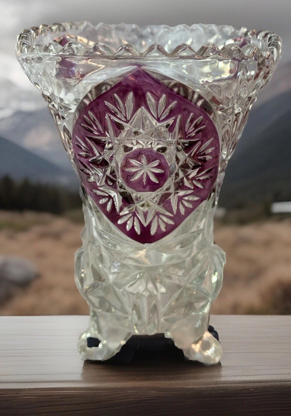 Vintage Anne Hutte German Purple and Clear Lead Crystal Etched Snowflake Vase