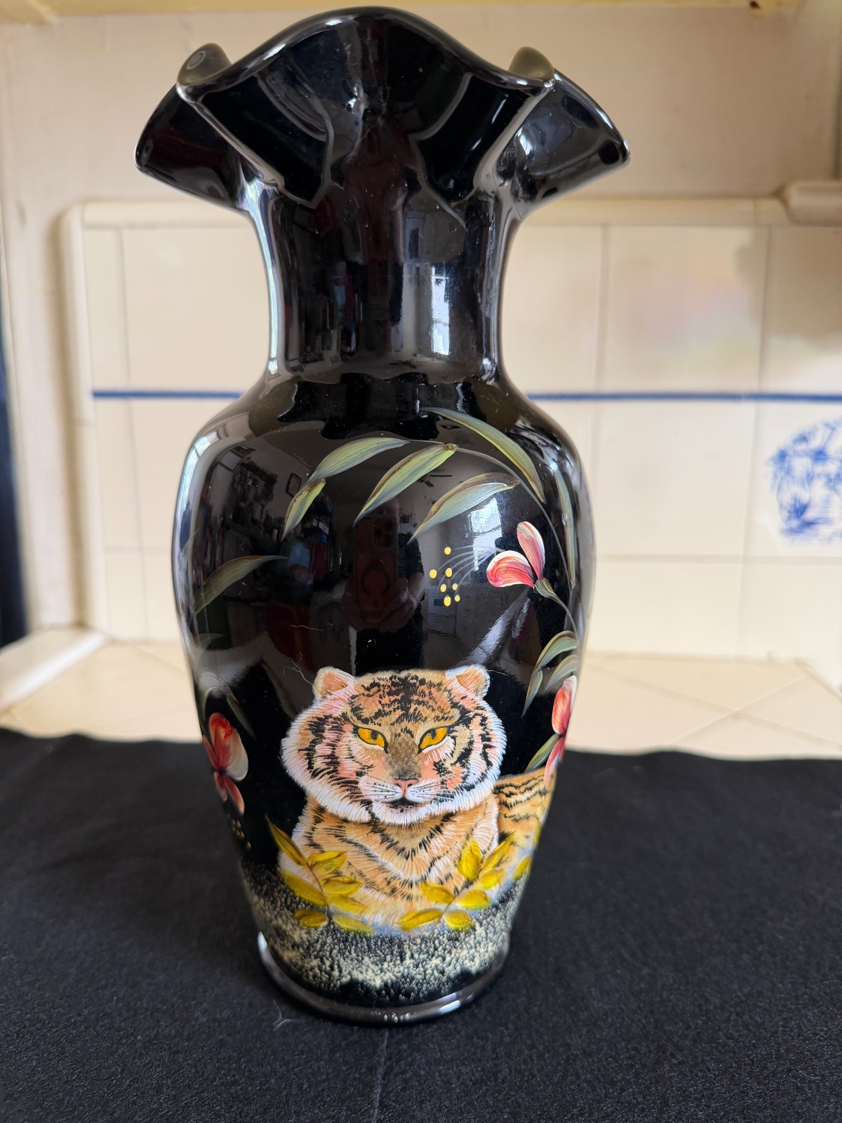 Rare Large Fenton Hand Painted Jungle Tiger Black Glass Vase