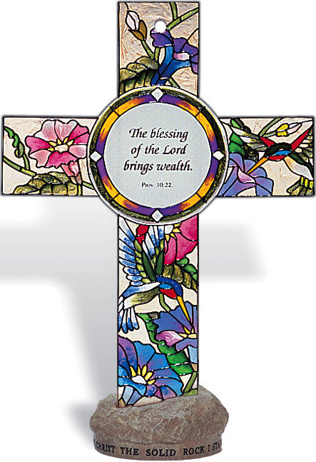 LAST ONE Amia Blessing of the Lord Brings Wealth Glass Cross Stand FREE SHIP