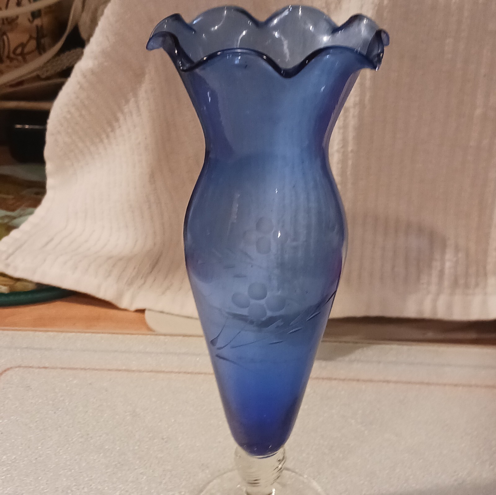 Blue Clear Glass Vase Floral Pattern Ruffled Rim Pedestal Stem Base Decorative