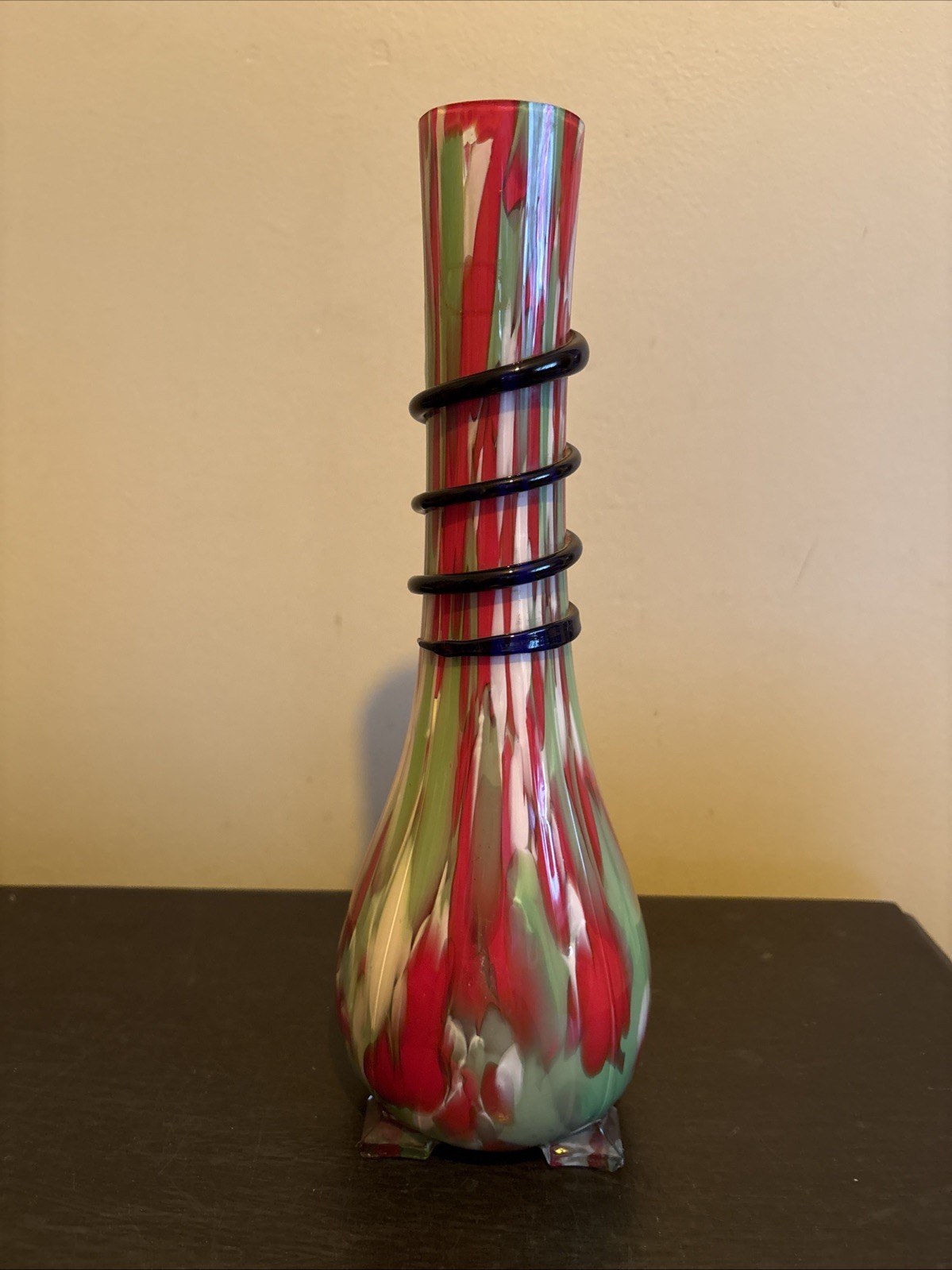 Czech Art Glass End Of Day Ribbed Serpentine Snake Coil Vase Red Green White 12”