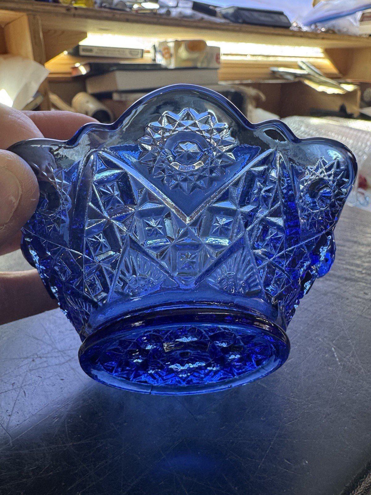 Vintage 80s Imperial Glass Basket Blue Starburst Beautiful Signed Marked