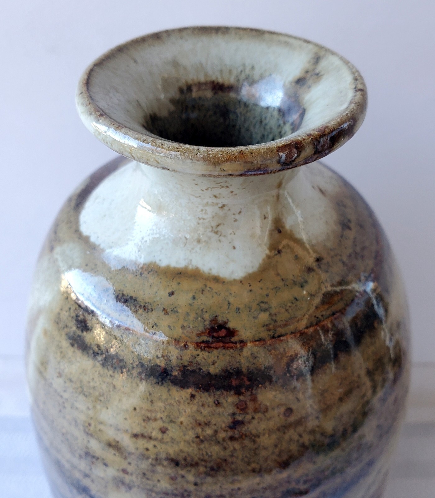 Superb Studio Art Pottery Tall Vase Brown and Cream Drip Glaze