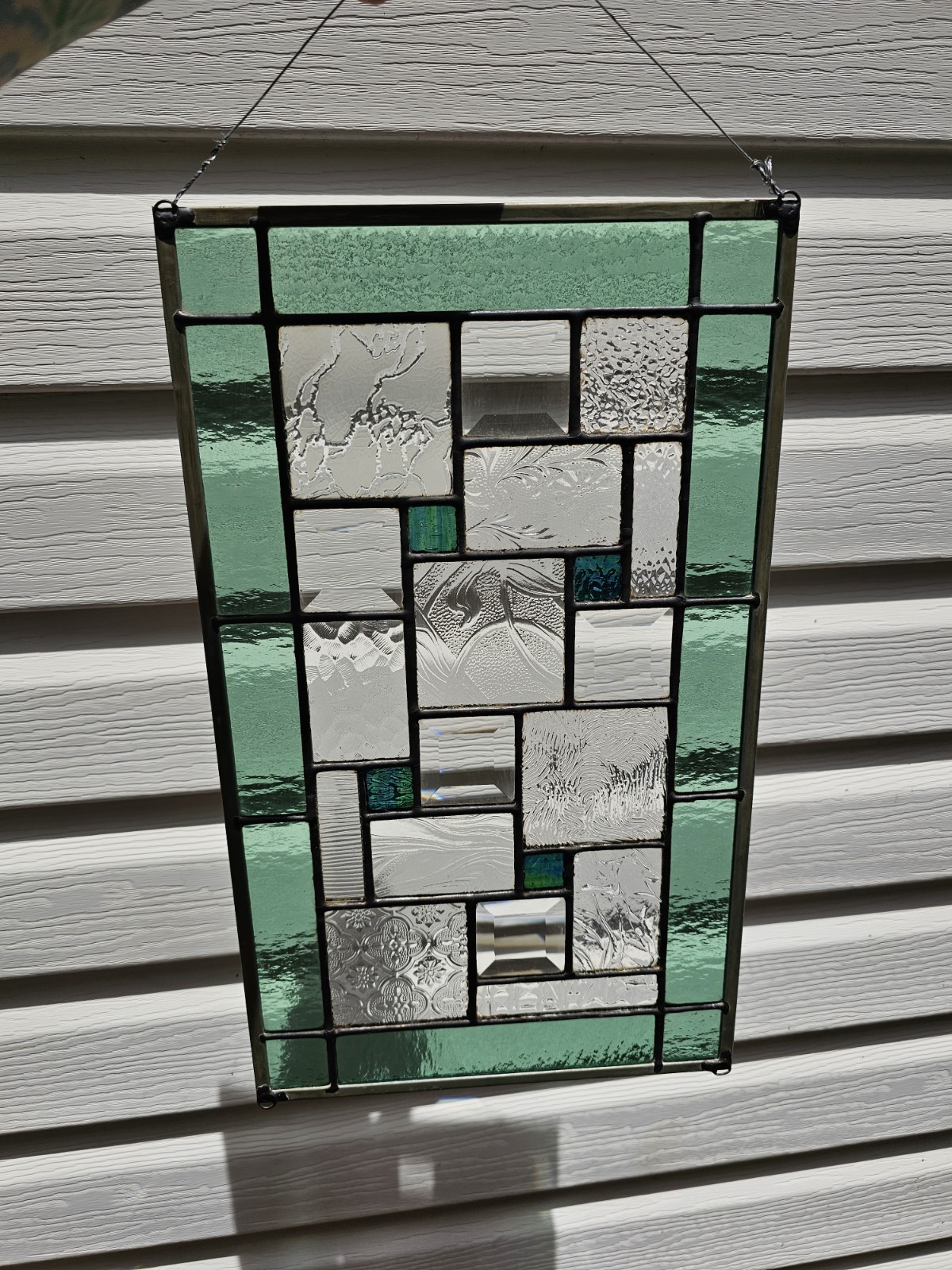 Handmade Stained Glass Panel Sun Catcher Hanging Green Clear Vintage Rectangle
