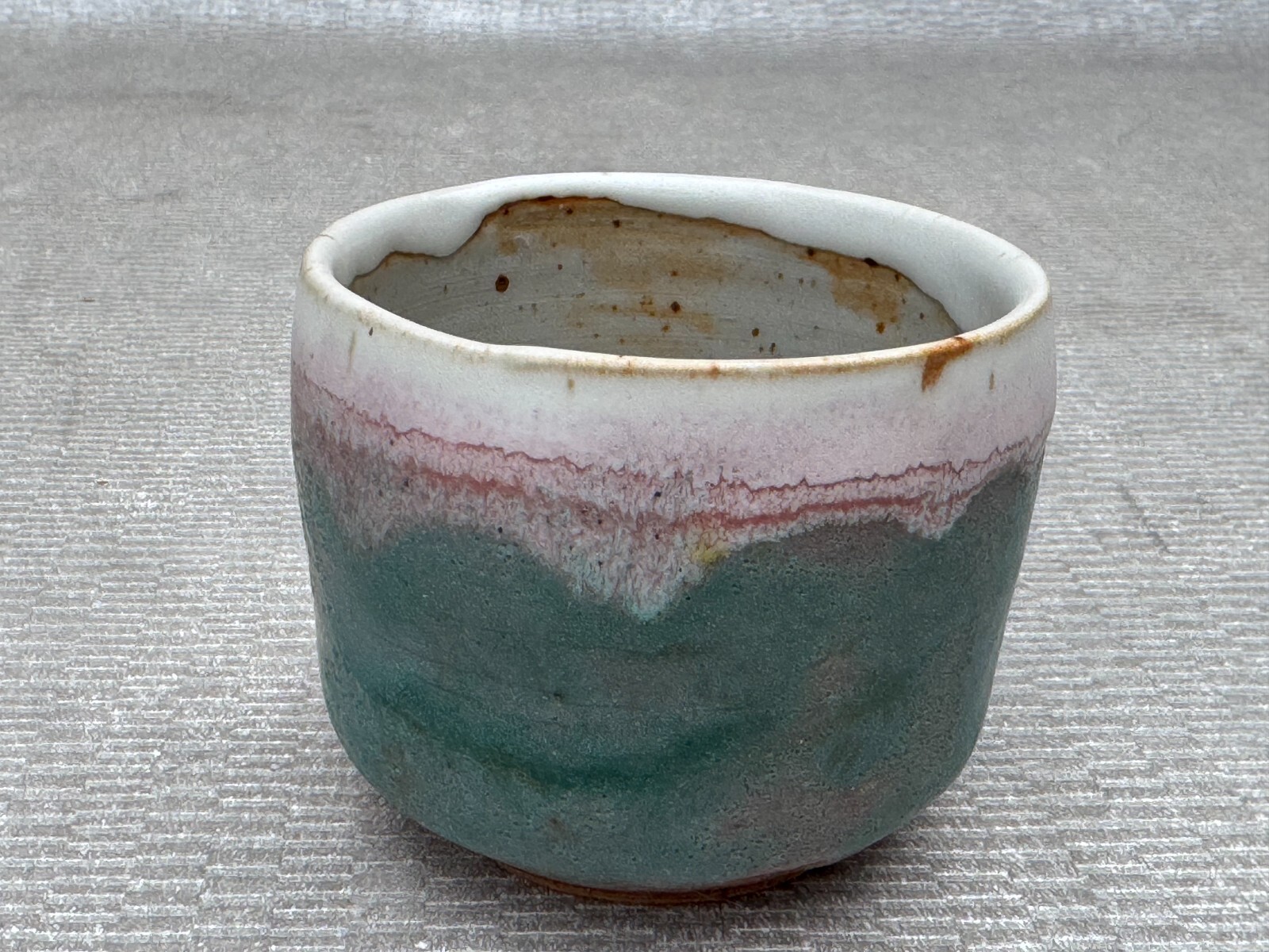 M BELKIN? ILLEGIBLE SIGNED SMALL EXOTIC DRIP GLAZE POTTERY VASE CELADON WHITE