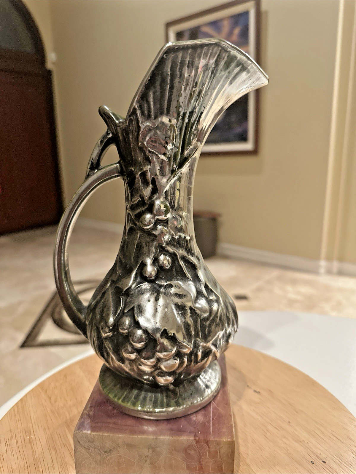 Vintage McCoy Pottery Antiqua Silver Grape Pitcher Vase