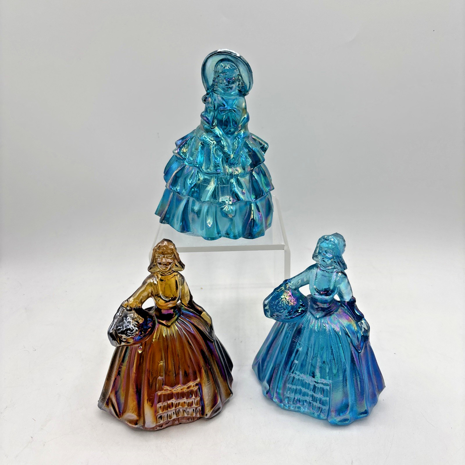 Set of 3 Wheaton Iridescent Carnival Glass Blue Southern Belle Lady Figurines
