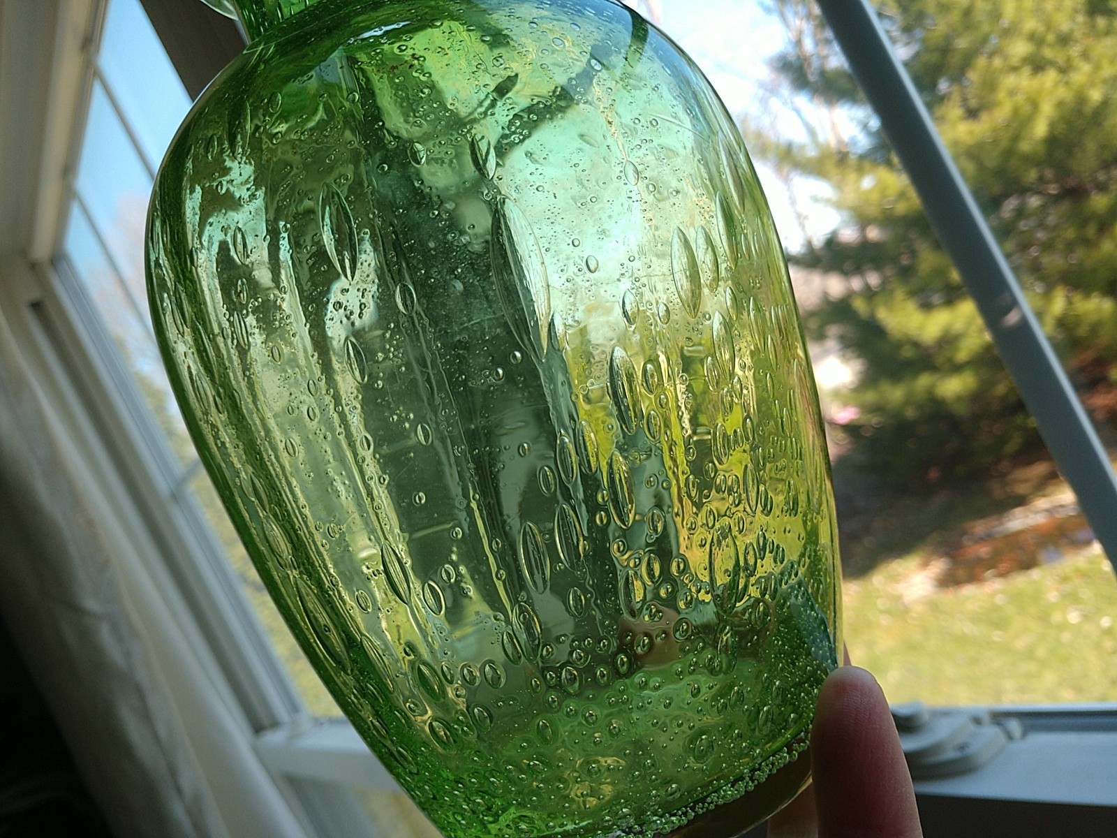 Vtg ITALIAN AMICI GREEN Blown Bubble Art Glass MCM 7″ Cruet Vase