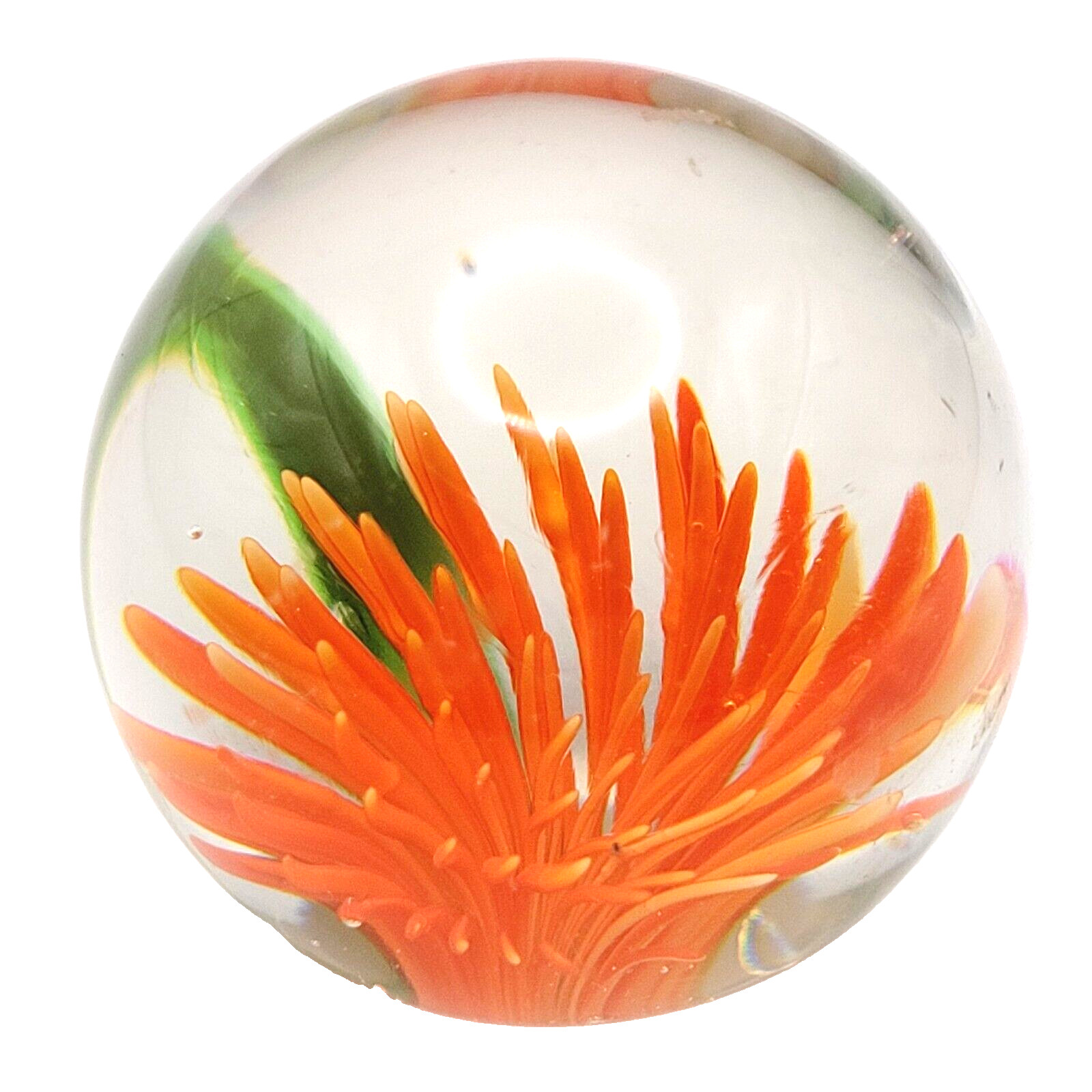 Dahlia or Zinnia Flower Orange Pointed Petal Small Clear Art Glass Paperweight
