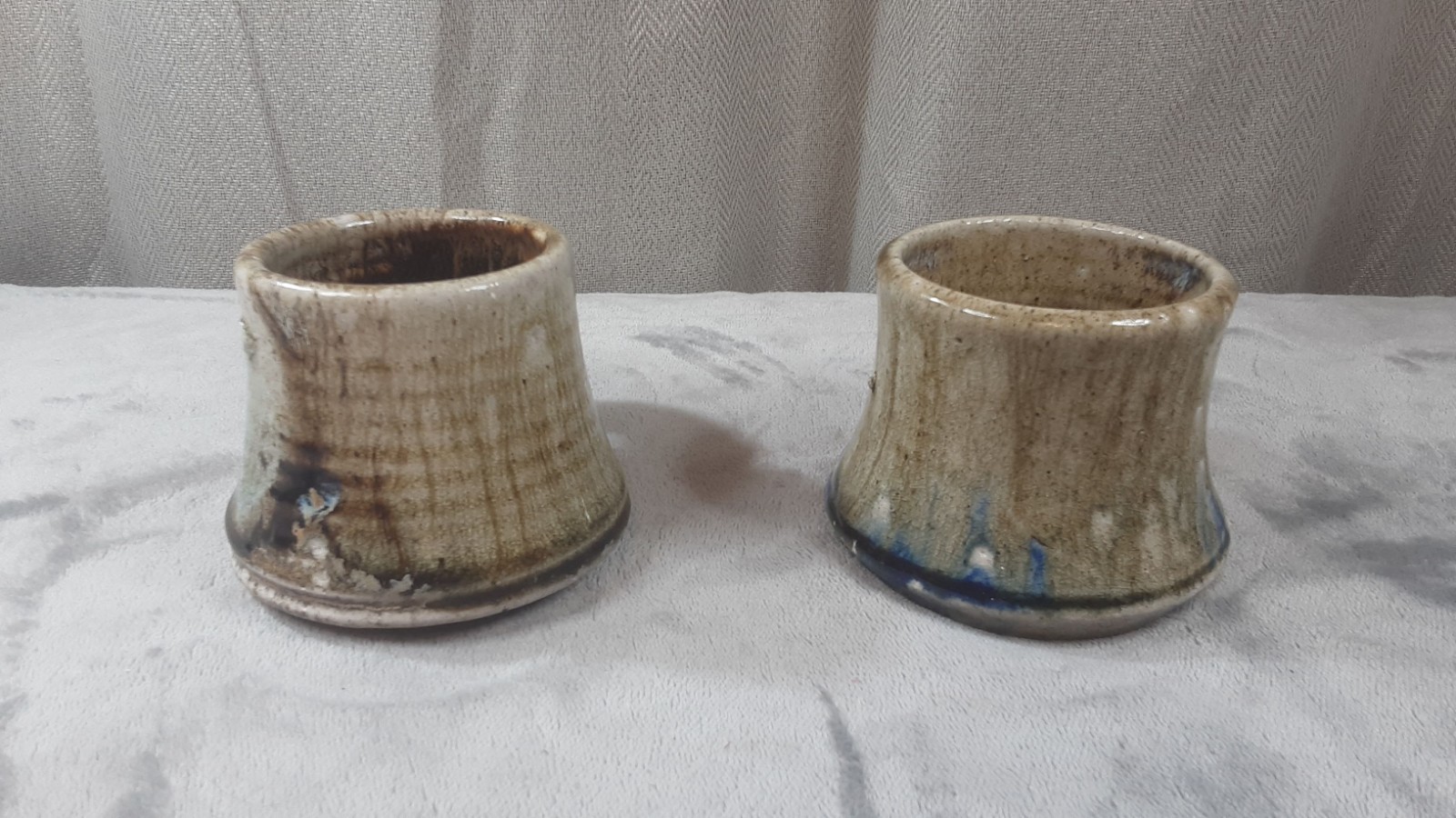 Signed Studio Pottery Mugs Hand Thrown Stoneware Pair Ash/Shino Glaze Vintage
