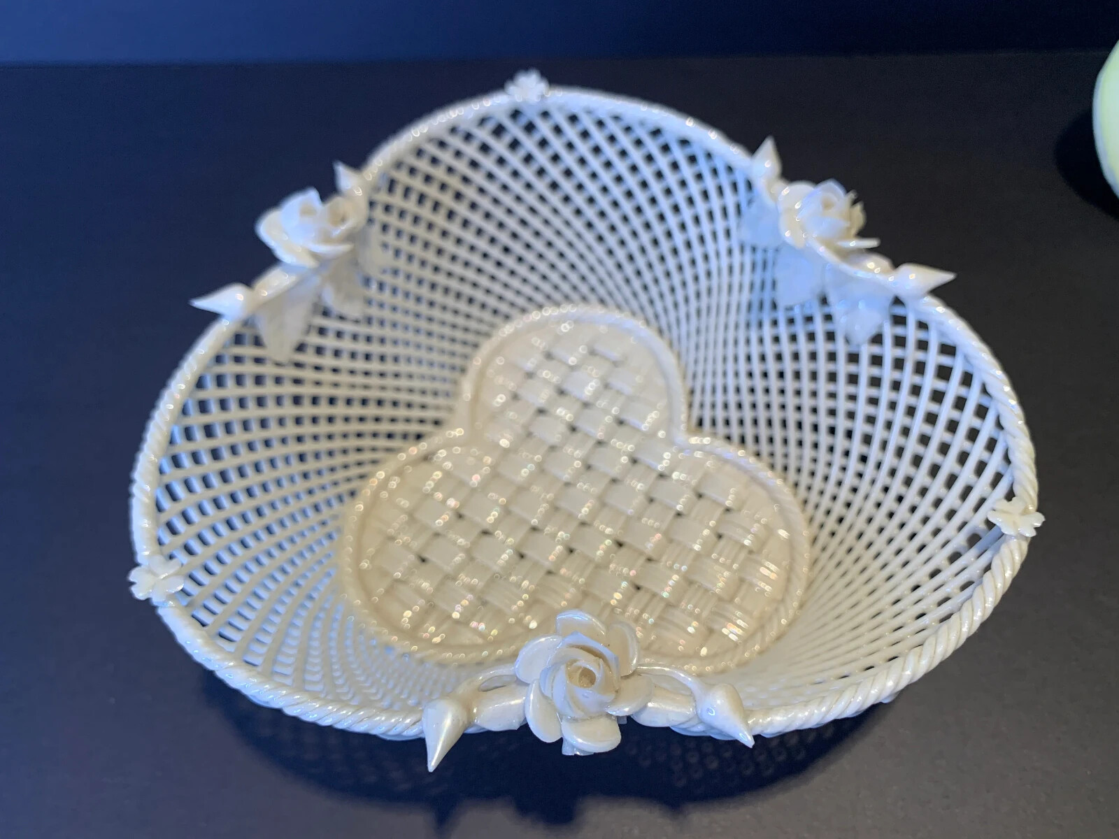Antique Belleek Shamrock Roses & Buds Weave Basket-3rd Period -1920s – Ireland