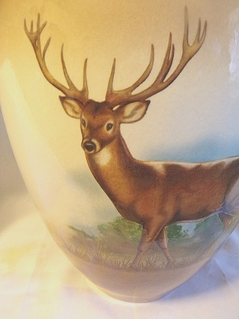 Porcelain Ginger Jar Urn Apothecary Jar Vase & Lid w/ DEER STAG Transfer 11.5″