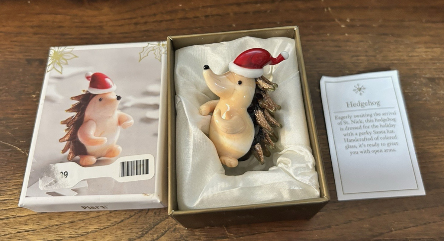Pier 1 Glass Hedgehog 2″ Herisson Figurine with Santa Hat Holiday Decor