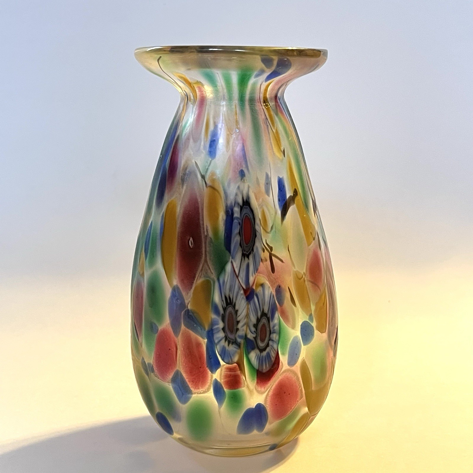 Signed Herb A. Thomas Vase Iridescent Art Glass with Millefiori Floral 5.25″