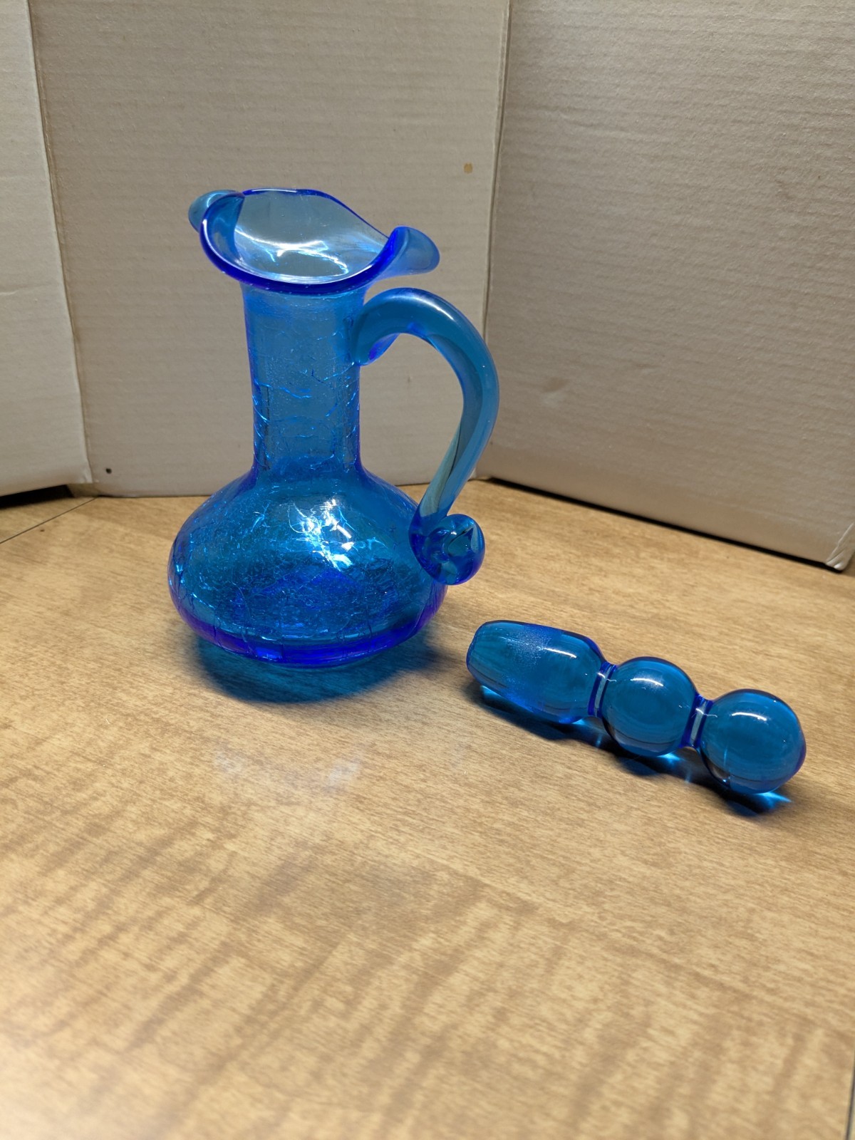 Vintage Cobalt Blue Crackle Hand Blown Glass Bottle with Lid
