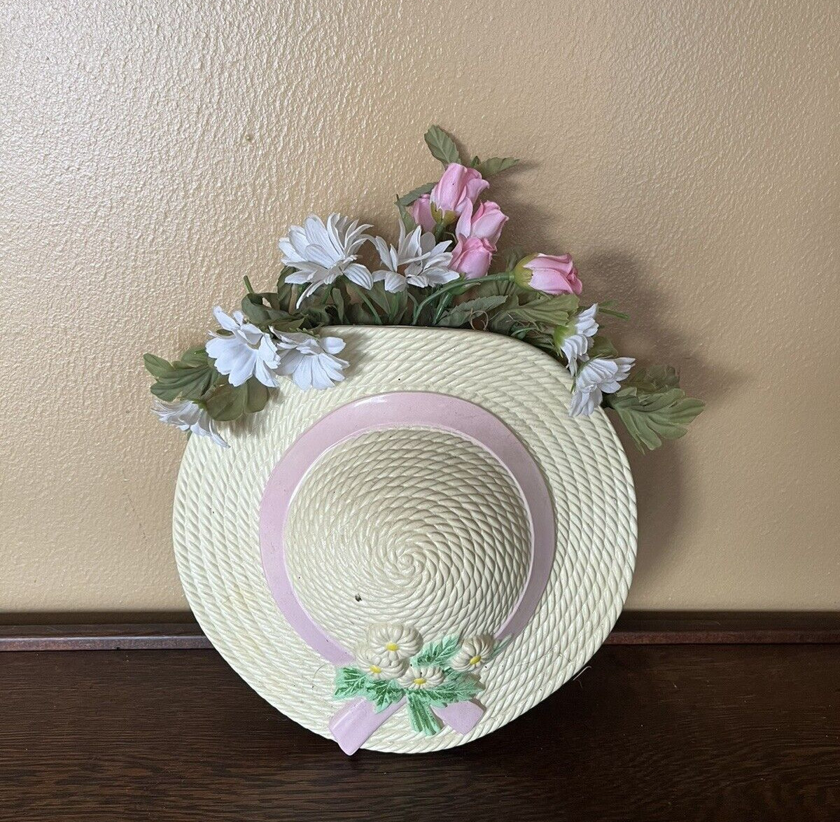 Vintage Burwood Floral Hat Wall Pocket Pink Cream Cottage Decor 1985
