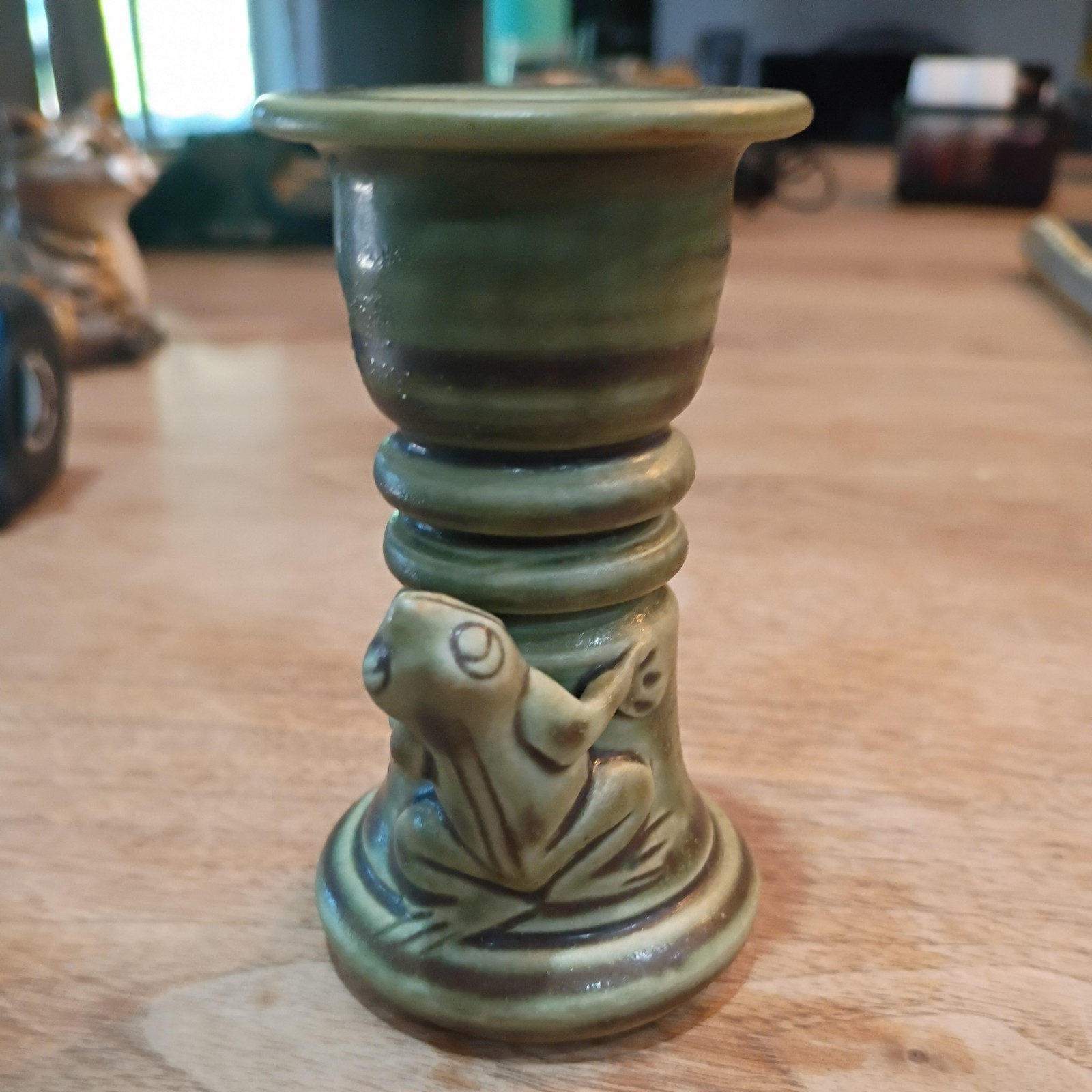 Frog Pottery Matte Green Glaze Toad 3.5″ Candlestick