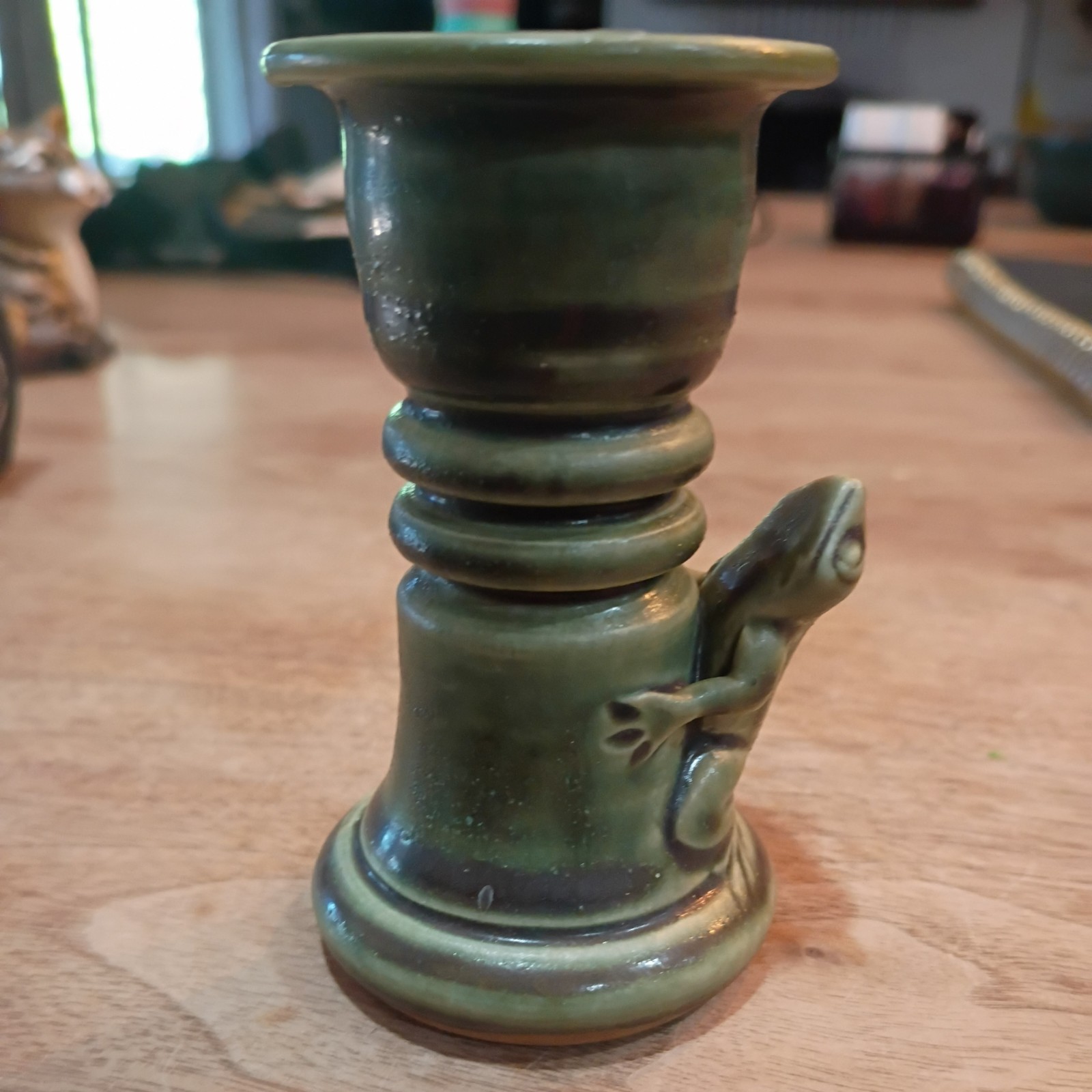 Frog Pottery Matte Green Glaze Toad 3.5″ Candlestick