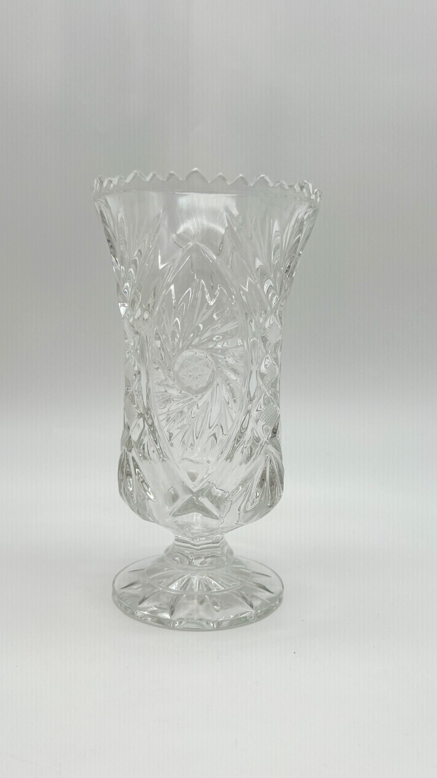 Polish Lead Crystal Footed Vase Cut Pinwheel Crosshatch Sawtooth 7″