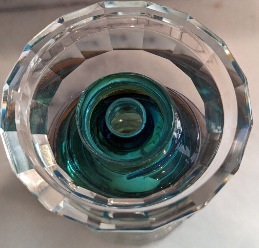 Fifth Avenue Crystal Faceted Clear, Green and Orange Art Glass Candle Holder