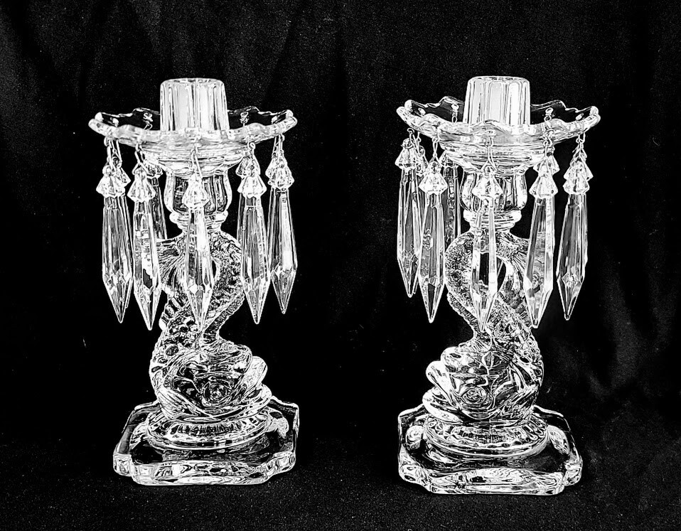 Rare Cambridge Rose Point Crystal Etched Dolphin Hurricane Candle Lamps 17 1/4″