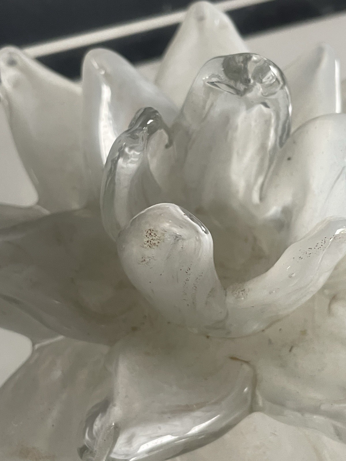 MT Glass Hand Blown White Clear Art Glass Lotus Flower Candle Holder Bowl 6.5”