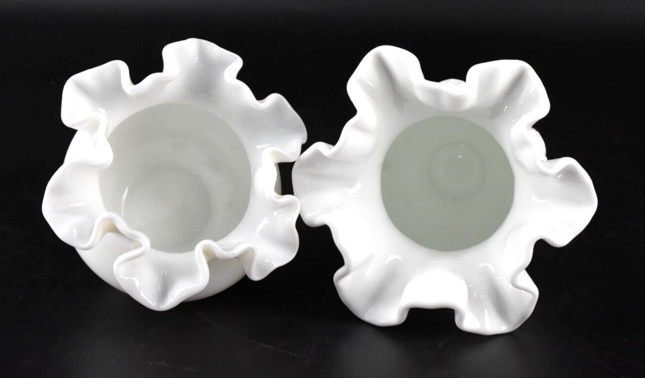 Set of 2 VTG Fenton Milk Glass Vases OVG Fine Cut & Block and Smooth Ruffled