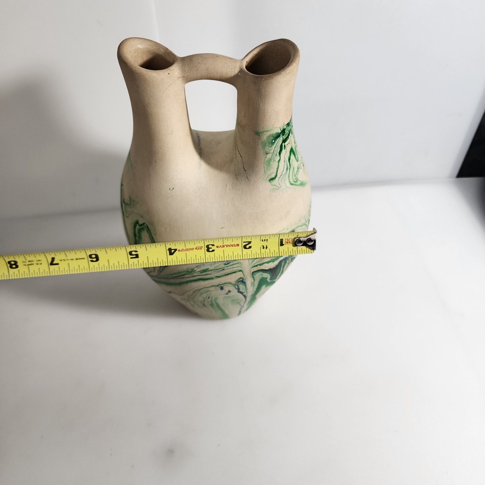 9.75″ Nemadji Pottery Double Spout Wedding Vase -Blue, Green, Gray