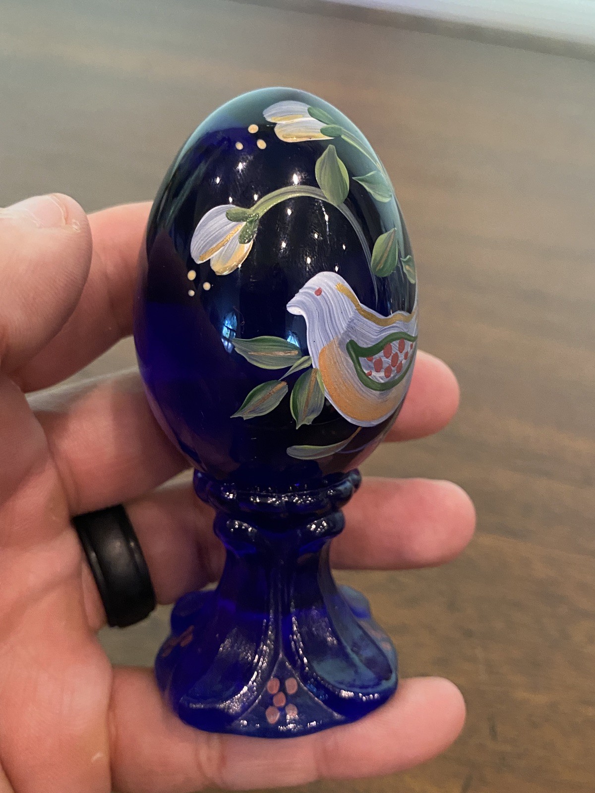 VTG FENTON Cobalt Blue PAINTED BIRD & FLORAL LTD ED #257/3000 Glass Egg 3.75″H