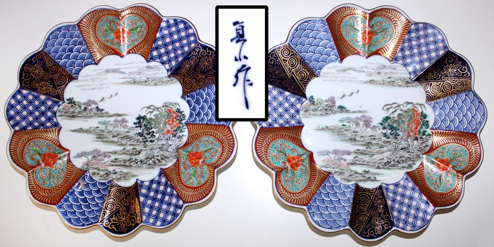 Fukagawa Ashtrays Goat Unicorn Gilt Silver Porcelain SET 5 Japan Antique