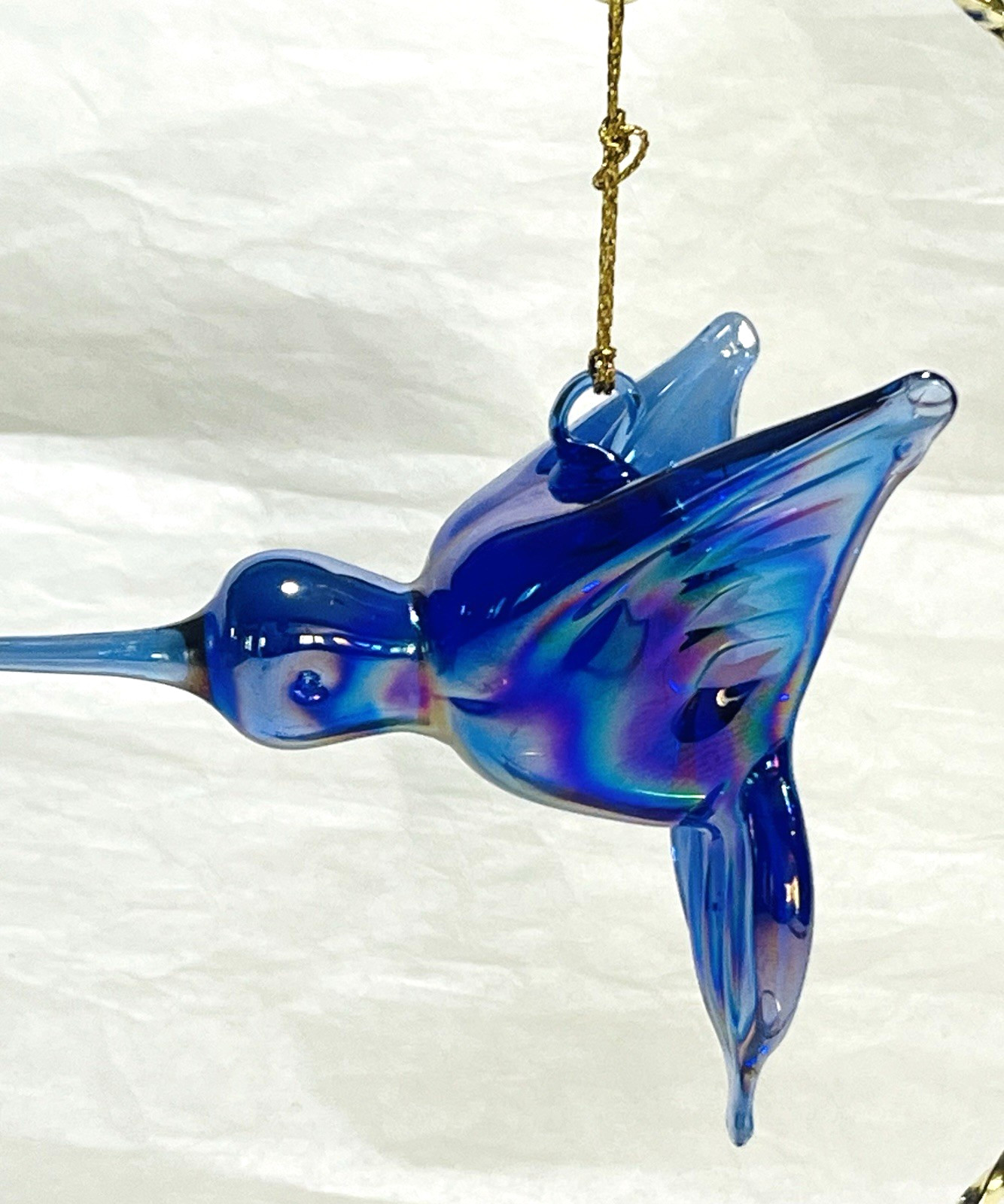 Vintage Hand Blown Glass Iridescent Blue Purple Humming Bird Ornament Display