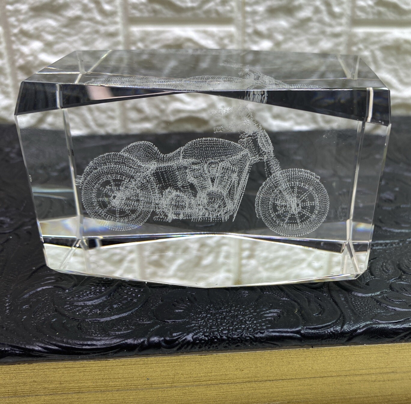 Vintage Etched Motorcycle Glass Paperweight 3 1/4” X 2” X 2” EUC
