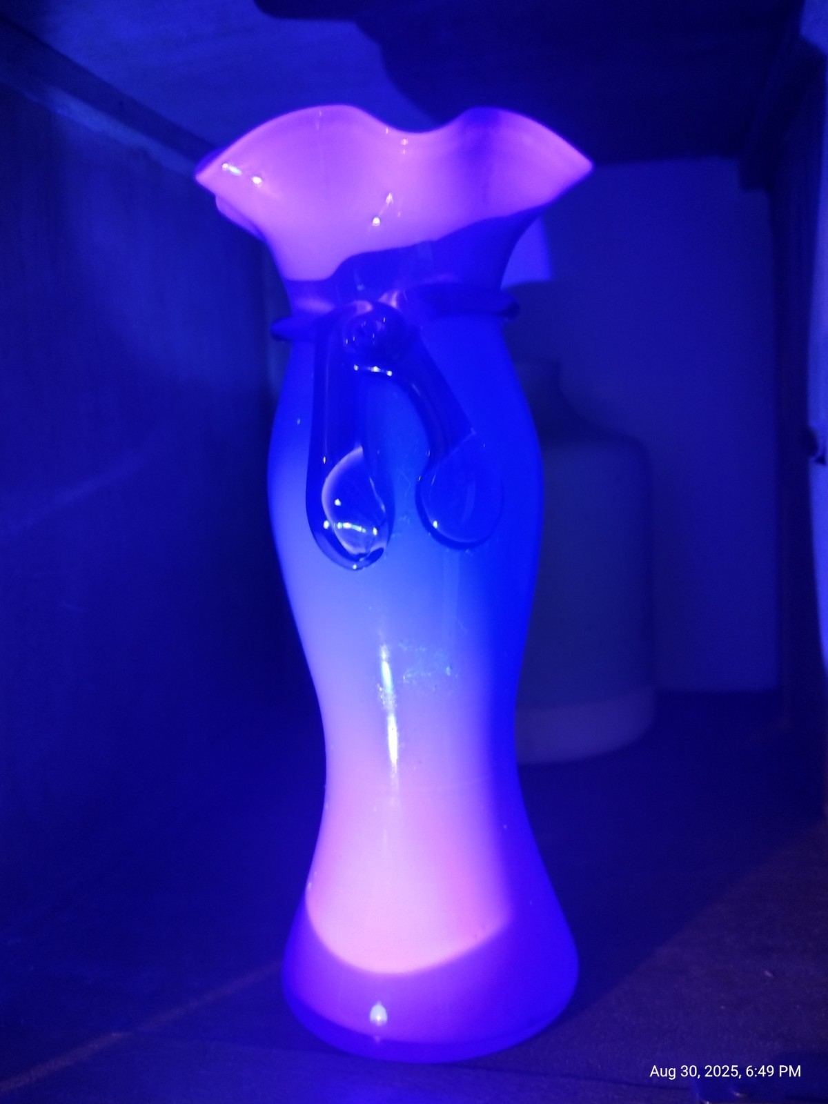 Cased Glass Vase Cobalt Hand Blown With Applied Bow 8.25″ Glows