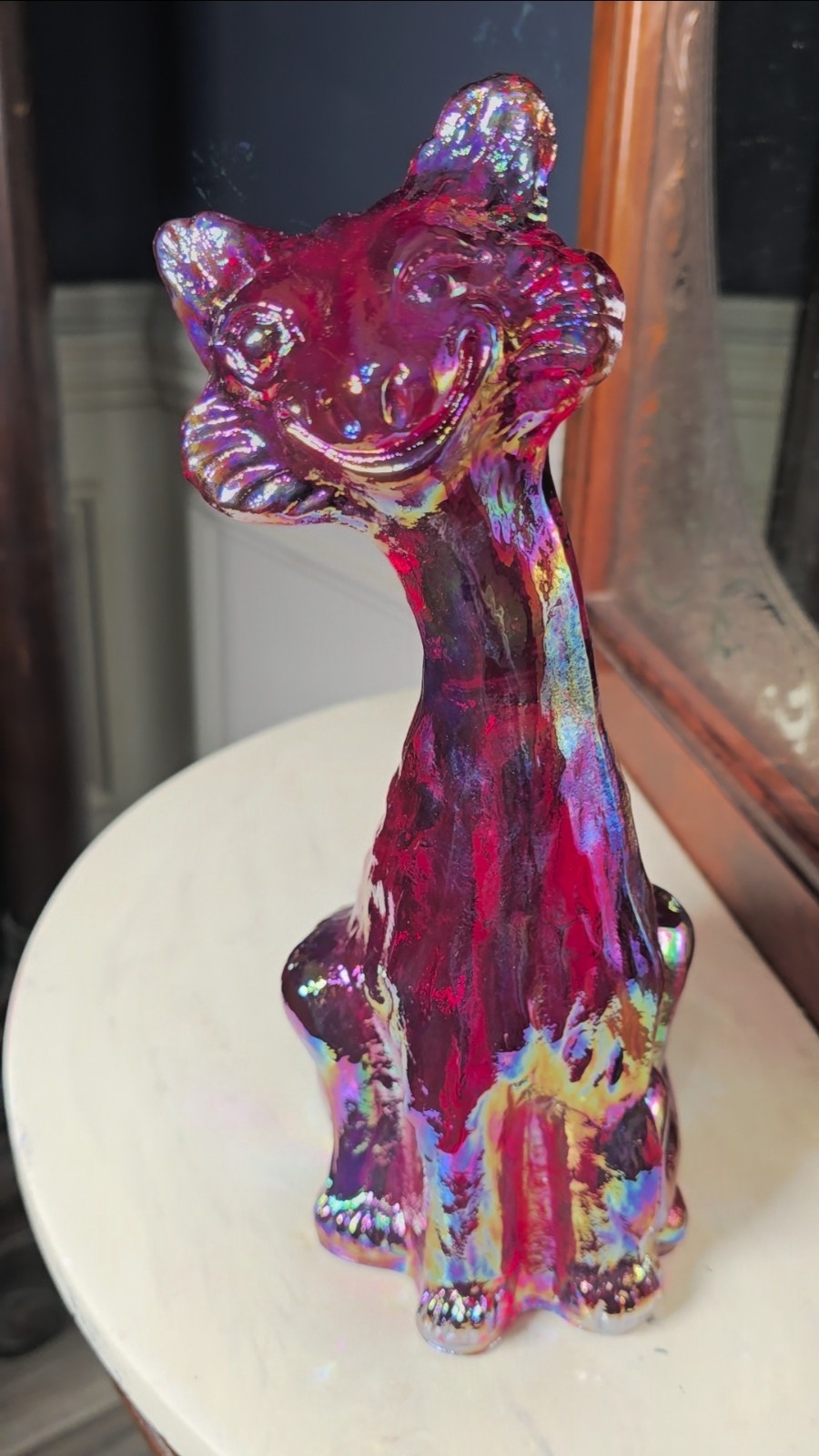 VNTG Fenton Iridized Red Carnival Glass Alley Cat Large 11″ HEAVY Iridescence