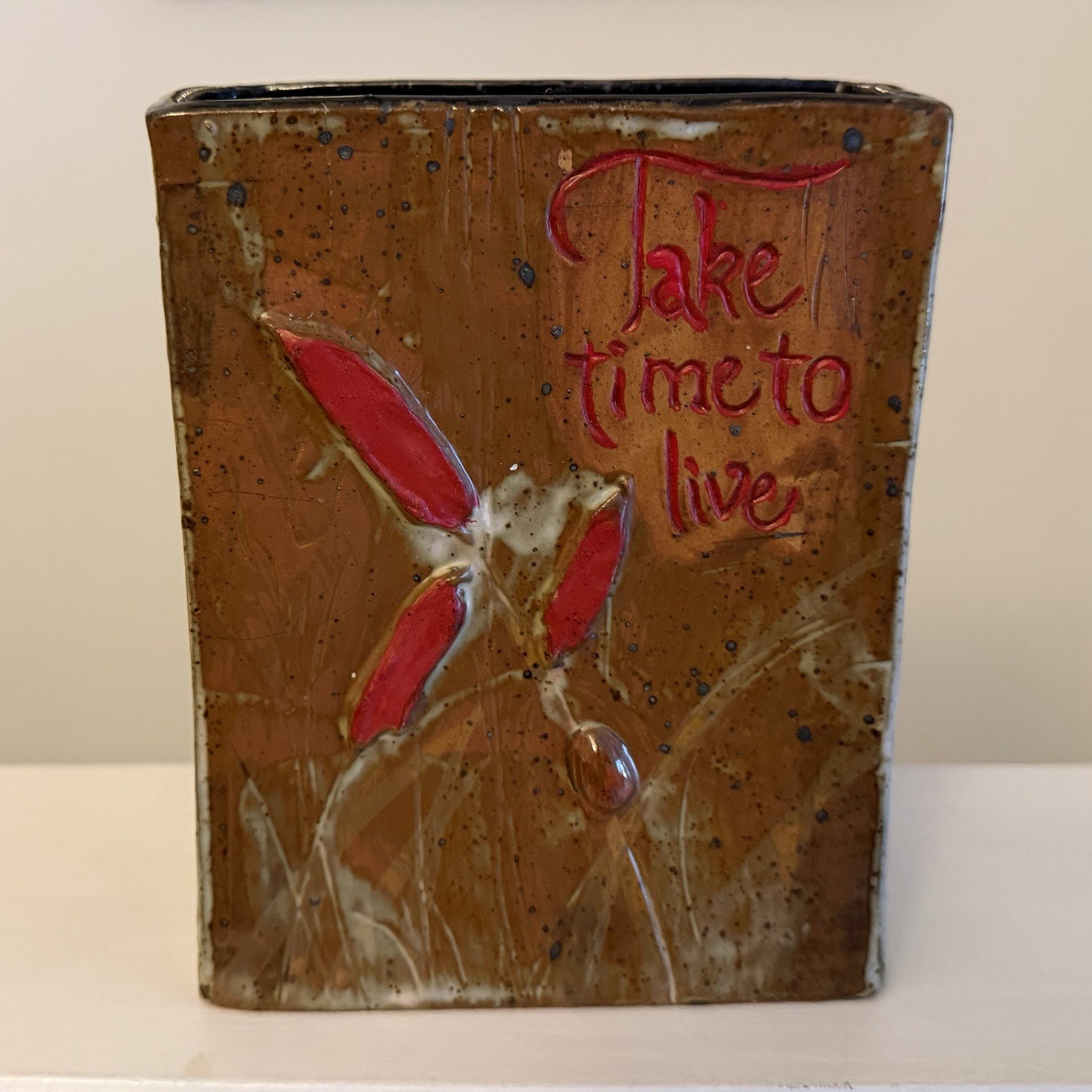 Vintage Studio Pottery Vase Joy Elaine Take Time To Live 6.5″ H