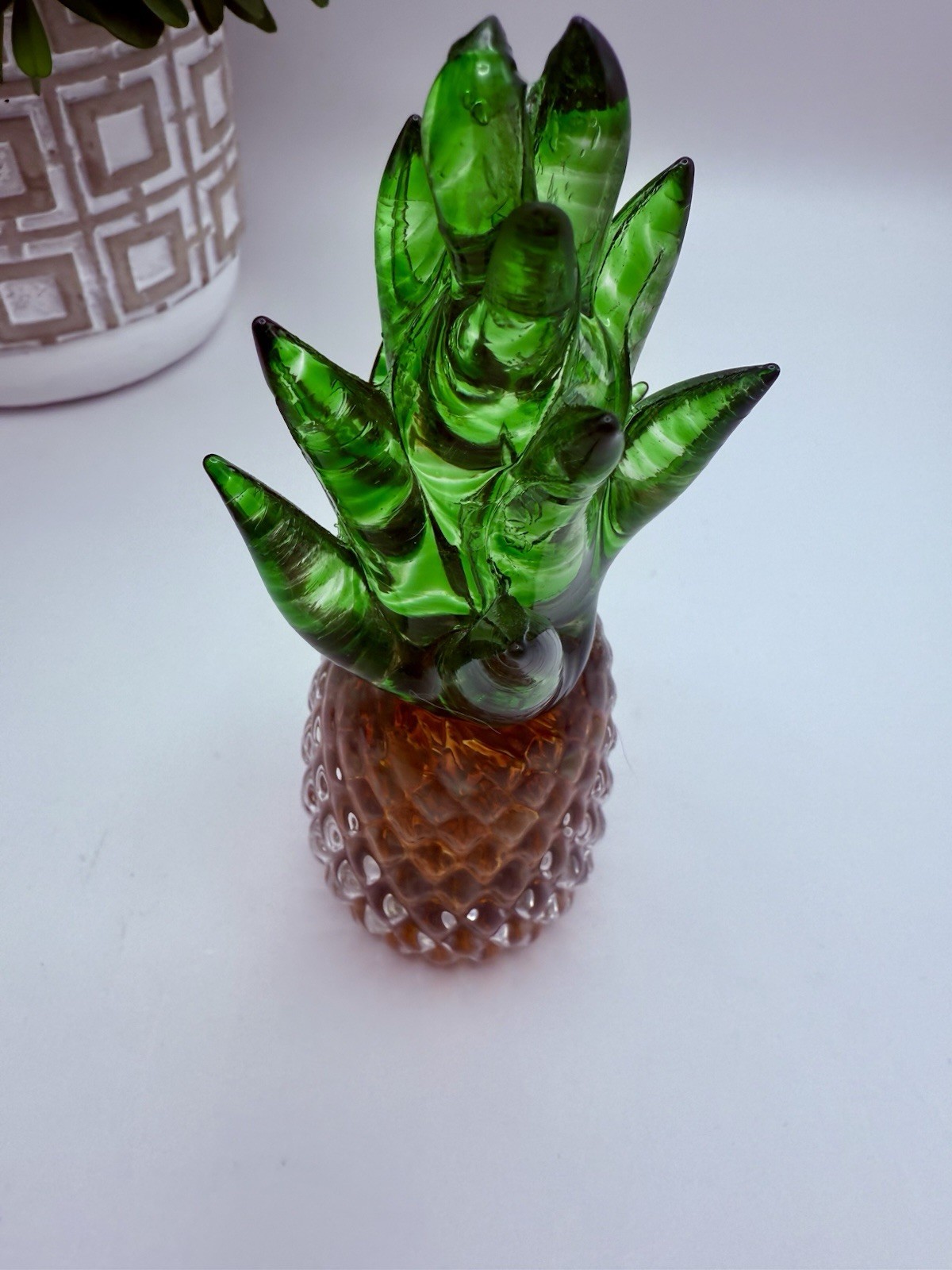 Blown Art Glass Pineapple Figurine Green Amber Tropical Hollywood Regency Signed