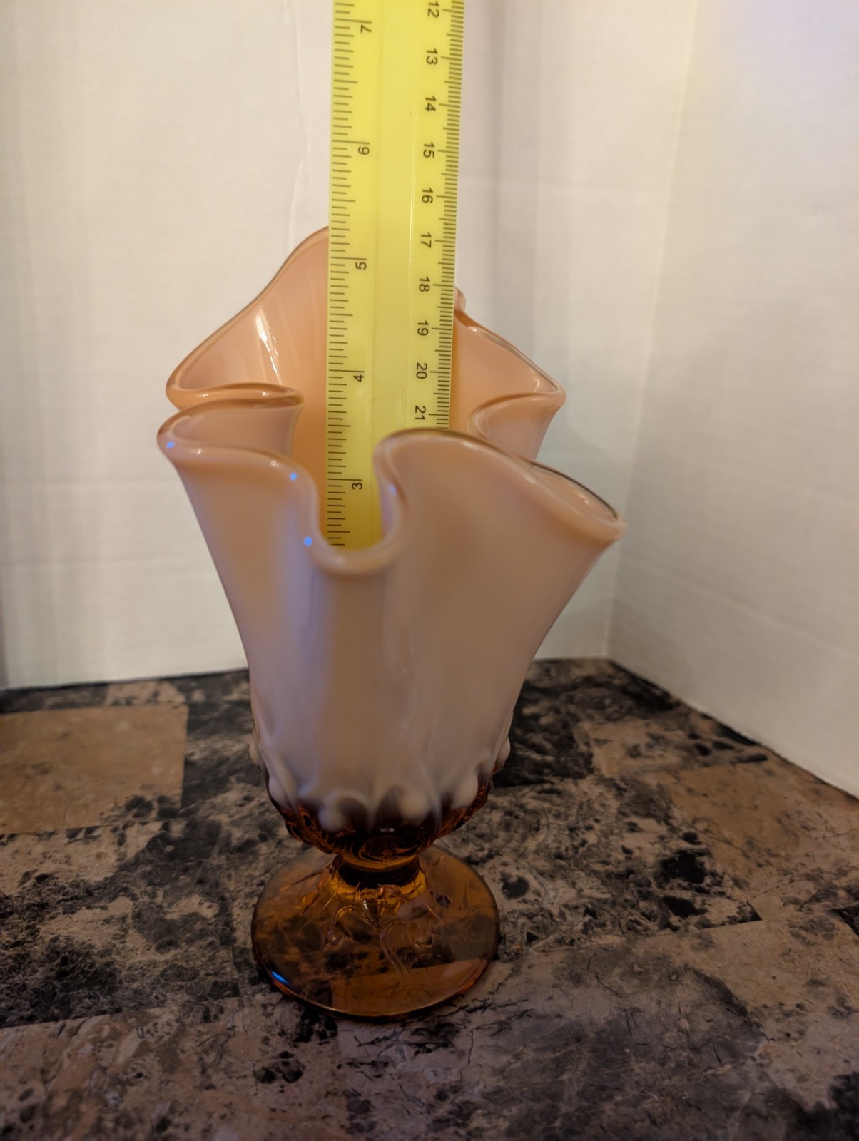 VTG 7″ Fenton Cameo Opalescent Amber Lily of the Valley Handkerchief Vase