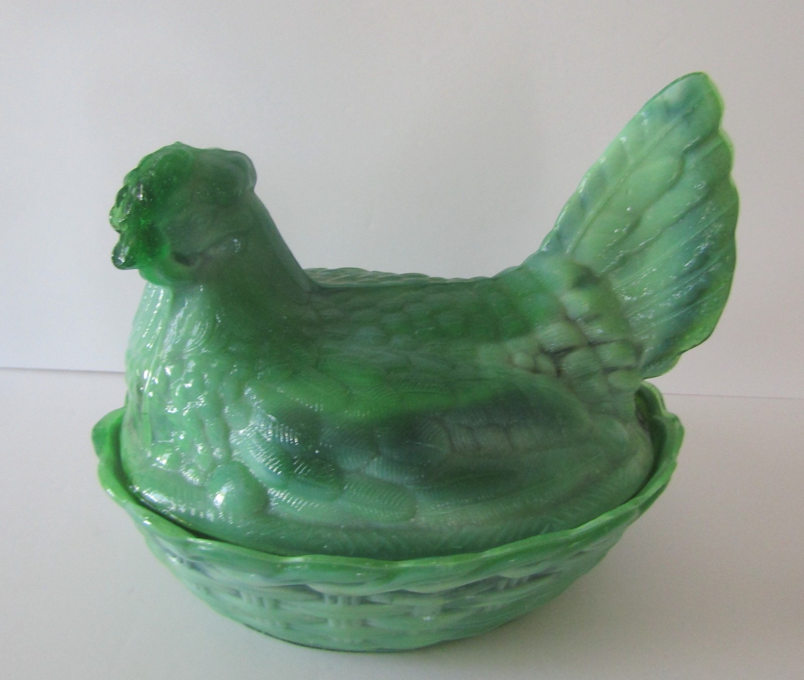 Unbranded Green Slag Glass Hen on a Basket Covered Candy Dish