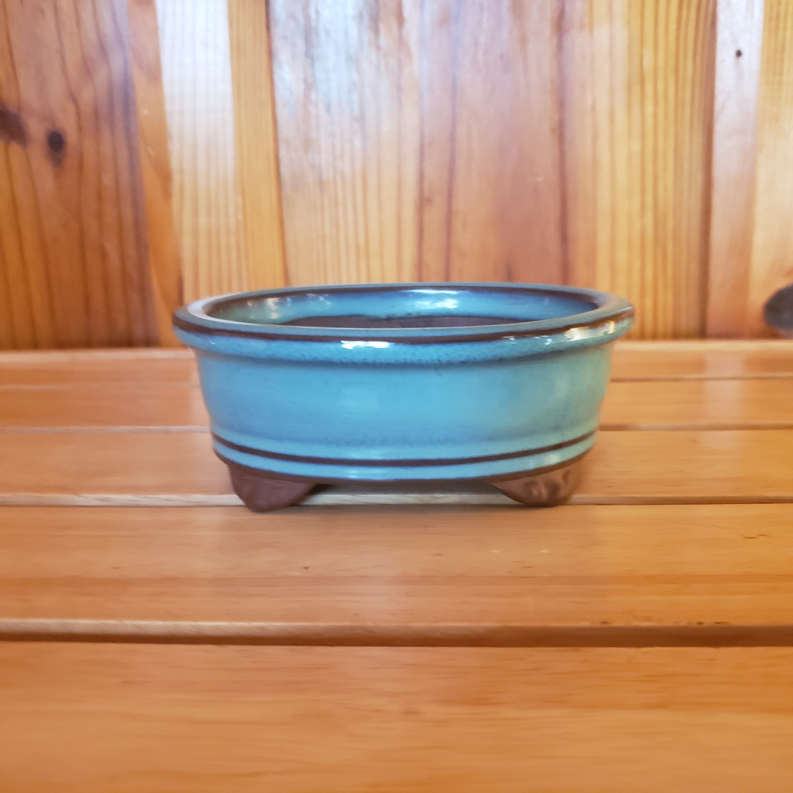 Bonsai Pot Blue-Teal Glaze Oval 4.25”x 5.25”x 2” Made Korea Orig Sticker Drain