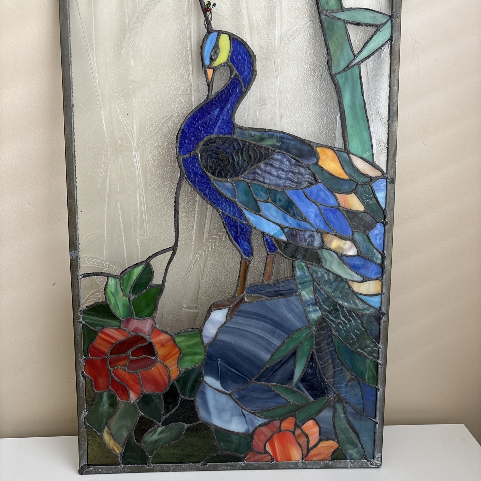 21″ x 13.5″ stained glass peacock flower bamboo window panel glass panel Framed