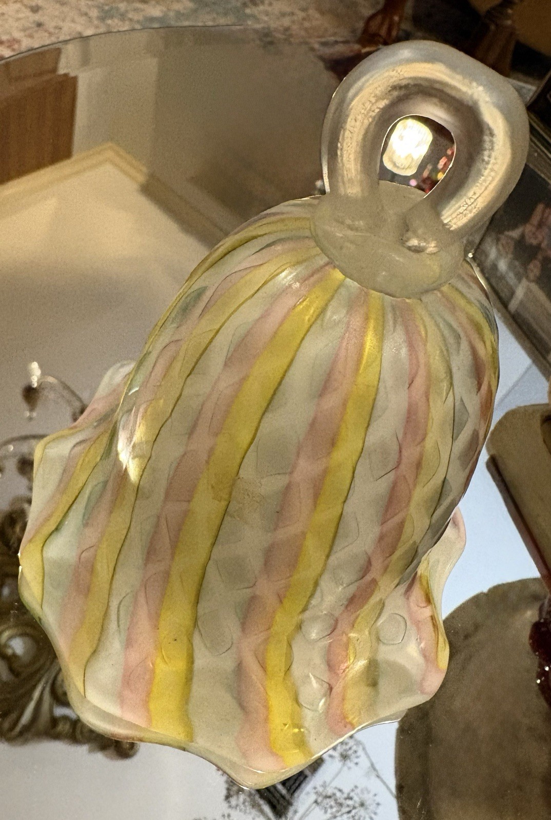 Vintage Hand Blown Italian Art Glass Bell Opaline Latticino Pink Yellow Ruffled