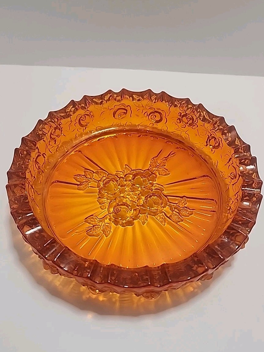A Unique Vintage MCM Fenton Amberina Glass Cabbage Rose Ashtray